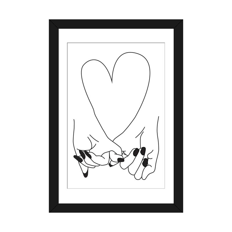«Pinky Promise, Her & Her», reproduction de dessin sur toile, H 32 po x l 24 po x P 1 po, Papier d'art encadré noir, Blanc