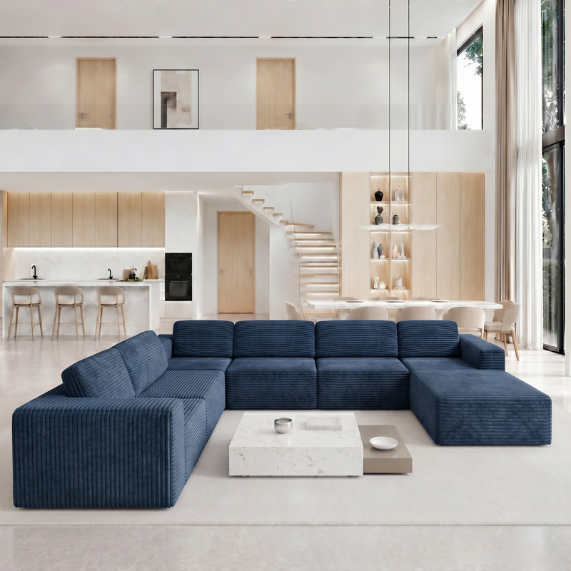 Modular Oversized 404cm 6-seater L-shaped Boneless Corduroy Sofa, No Assembly Required, Blue, Left Hand Facing