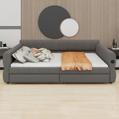 Modern Upholstered Platform Bed Frame Featuring USB Ports and 2 Storage Drawers