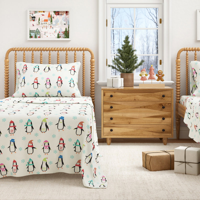 100% Turkish Cotton Flannel Christmas Sheet Sets, Penguins Multicolor, King with 2 Pillowcases