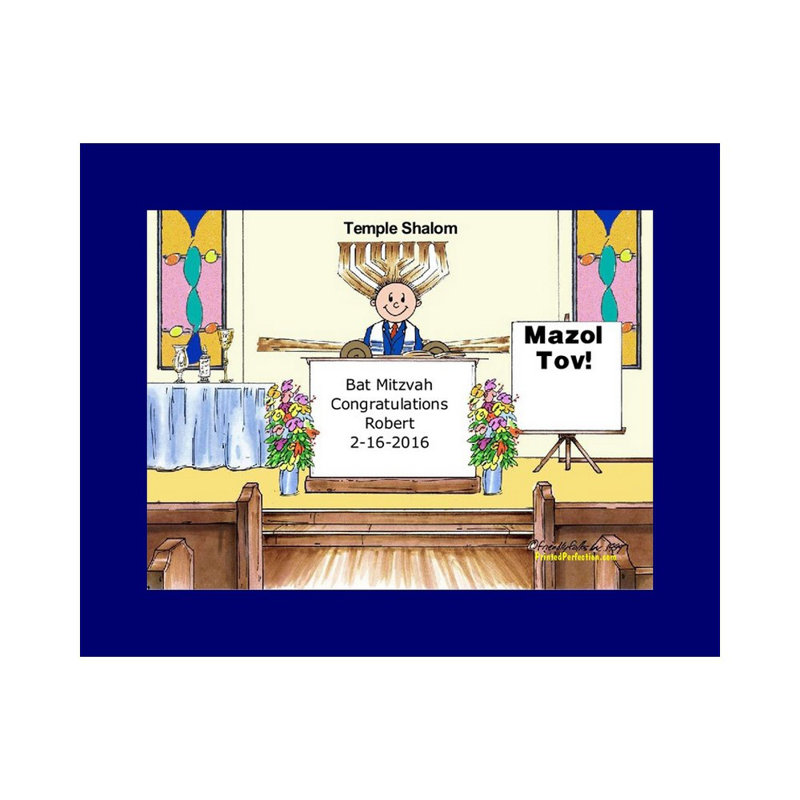 Personalized Bar Mitzvah Cartoon Caricature with a Mat, Ready to Frame, Yes