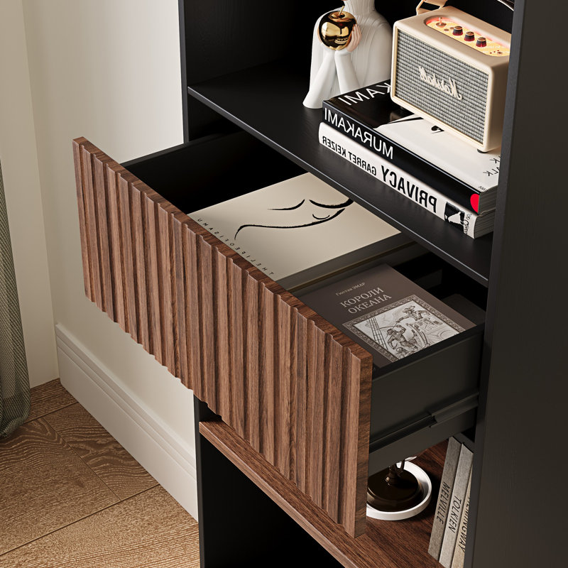 Selznick 85.8'' Tall Bookcase with Movable Footstool and Open Shelves Storage Drawers, Black/Brown