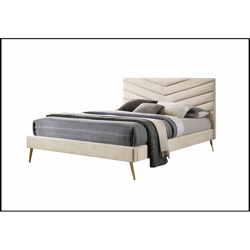 Lit californien Mid-Century moderne en flanelle beige à motif de chevrons touffetés, alliant style et confort pour une expérience de sommeil luxueuse.