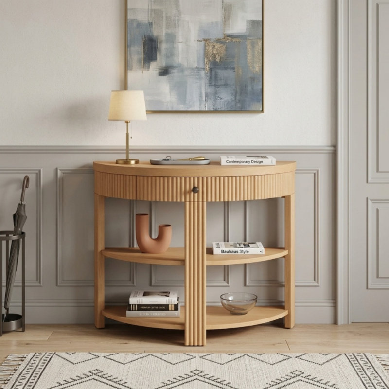Console cannelée demi-lune, table d'entrée en bois espresso avec tiroir incurvé et 2 tablettes de rangement ouvertes, Naturel