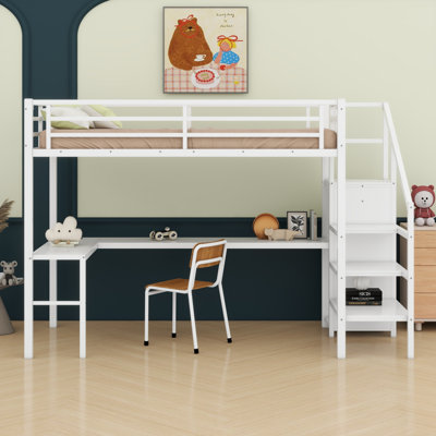 Lit mezzanine avec bureau en L et port USB, armoire et tablette réglable et DEL