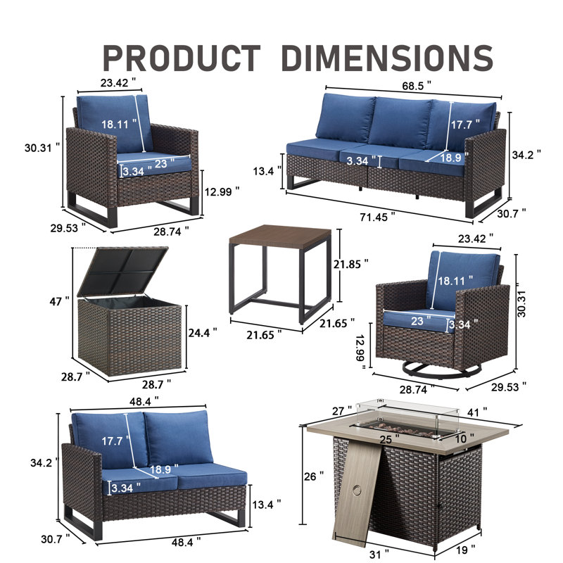Ensemble de conversation de 9 pièces avec ensemble de foyer d'extérieur en osier toutes saisons Ingvald, Bleu