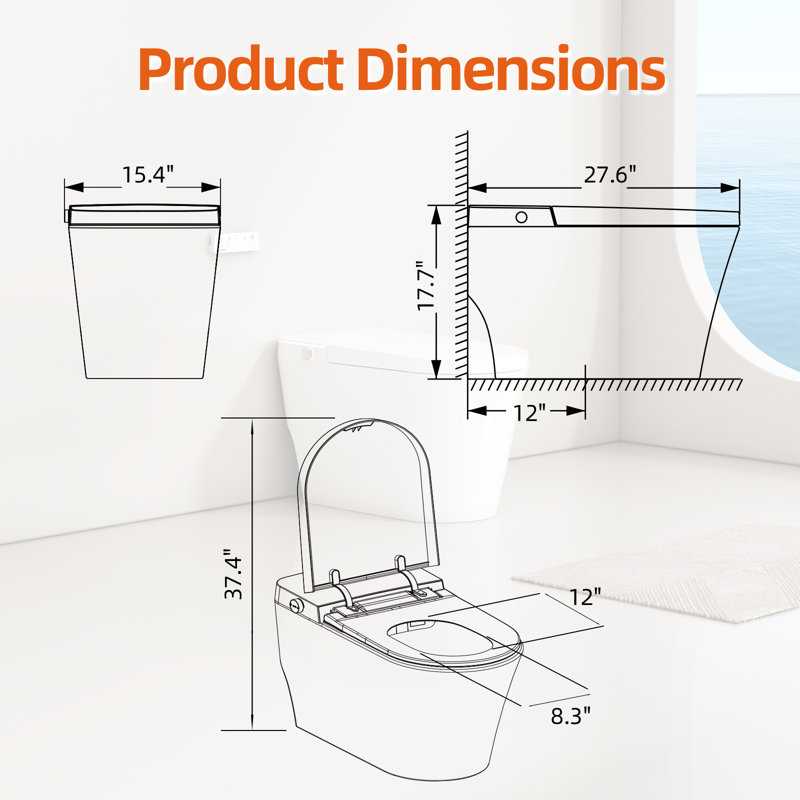Toilette intelligente avec bidet intégré, toilette de bidet allongée une pièce de luxe avec fermeture et chasse automatiques, capteur de pied pour ouvrir / fermer / rincer, siège chauffant, lavage par massage, veilleuse, télécommande