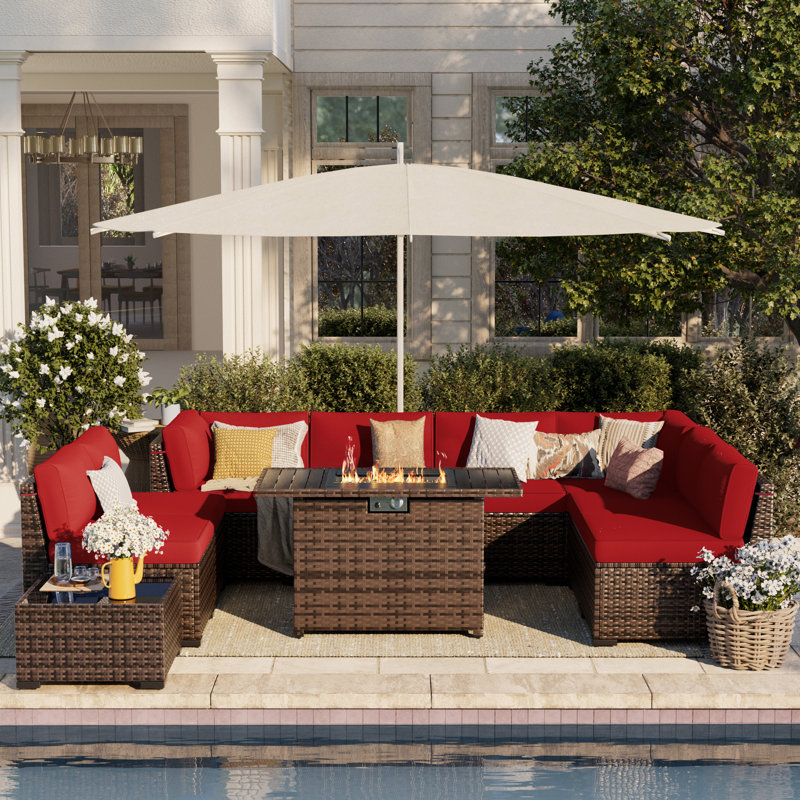 Avamay Rattan Sectional Seating Group with Cushions, Burgundy Performance Microfiber, Yes