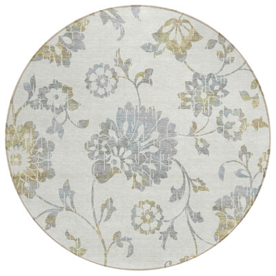8' Ivory Gray And Gold Round Floral Washable Indoor Outdoor Area Rug