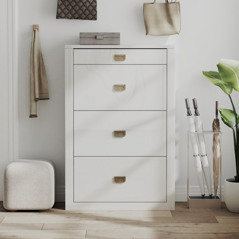 Armoire à chaussures blanche haute brillance avec 3 tiroirs rabattables et tiroir coulissant, armoire à chaussures à poignées en métal, armoire à chaussures pour le vestibule