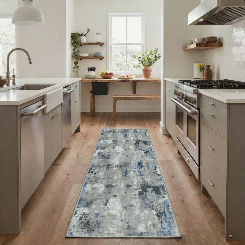 Mignone Artisan Flow Modern Machine Washable Slate Blue Indoor Area Rug With Non-Slip Backing, Runner 2' x 7'