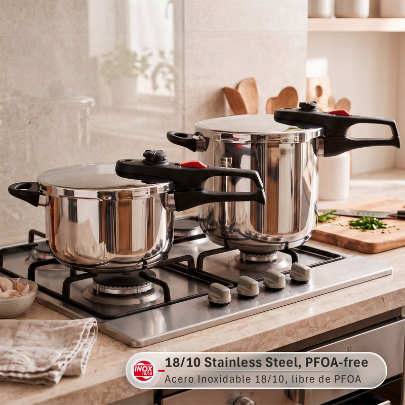 Magefesa Practika Plus 6.3-Quart Pressure Cooker – 18/10 Stainless Steel, Induction Compatible, 5-Layer Heat Diffuser Bottom, 5 Safety Systems, Even Heat Distribution
