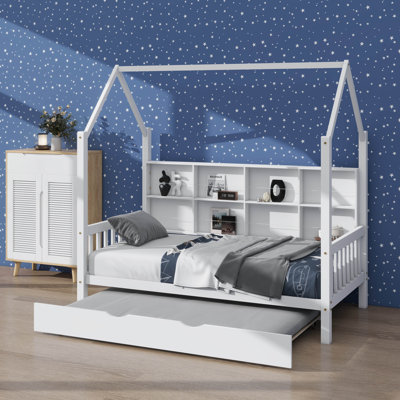 Twin-Sized House Bed With Trundle, Children's Bed With Built-In Shelf