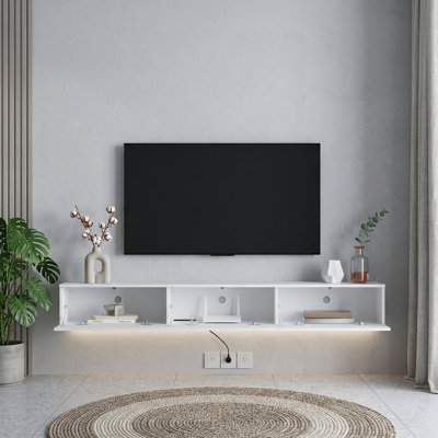 Meuble télé flottant avec lumières DEL, prises de courant et finition ultrabrillante pour les salons modernes, meuble télé