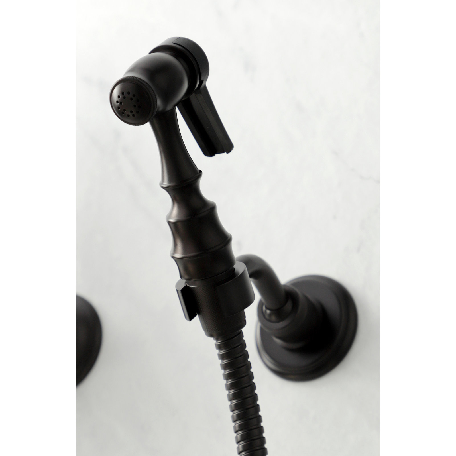 Kingston Brass Heritage Double-Handle 3-Hole Wall-Mount Bridge Kitchen Faucet with Brass Sprayer, Oil rubbed bronze