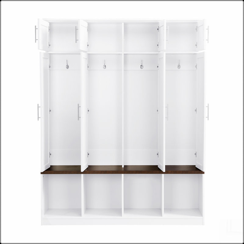 Multi-Functional Hall Tree with 4 Hidden Hanging Hooks, Wood Grain Bench, White