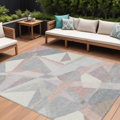 9' X 12' Blush Ivory And Gray Geometric Washable Indoor Outdoor Area Rug