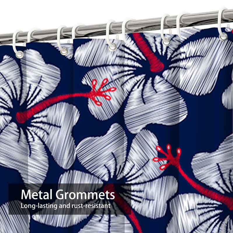 White Hibiscus Tropical Floral Navy Shower Curtain with 12 Hooks, 72" L x 84" W