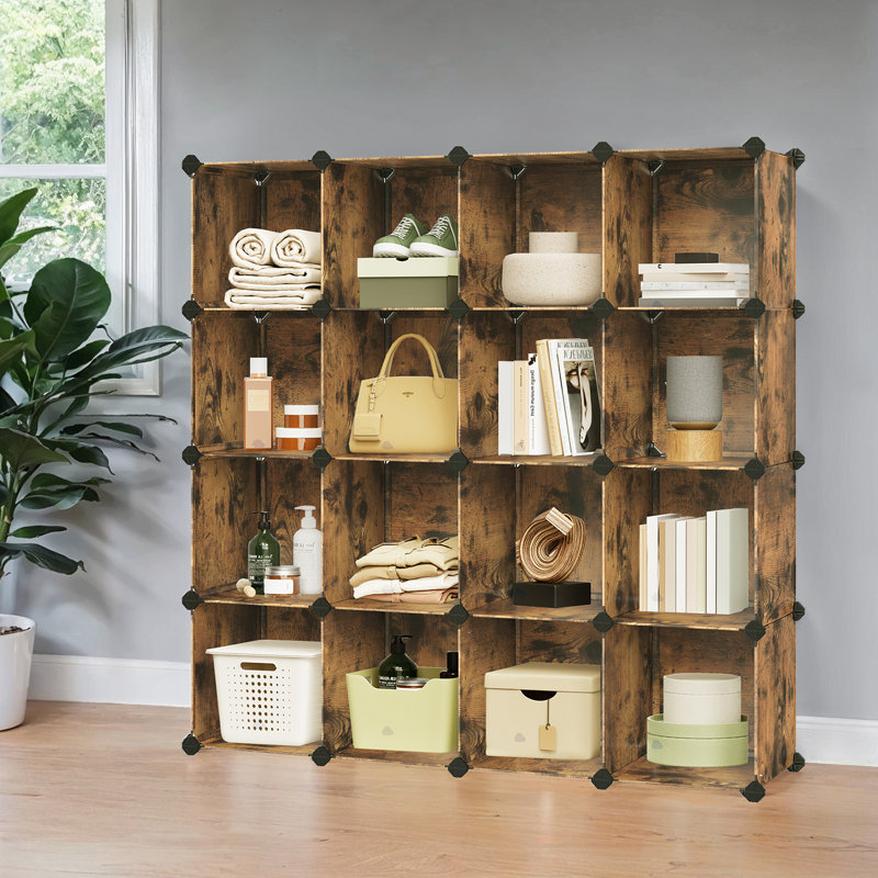 16-Cube Storage Organizer, Plastic Storage Shelf For Closet, Bedroom Living Room, Rustic Brown