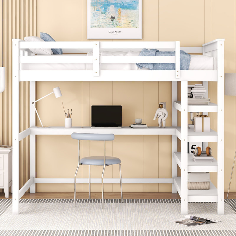 Lit mezzanine en bois massif avec bureau sous le lit, Blanc