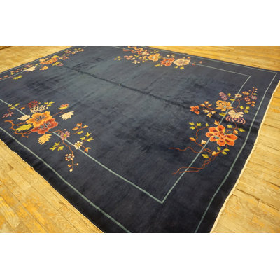 Navy Blue Color Field Antique Floral Pattern Chinese Deco Rug