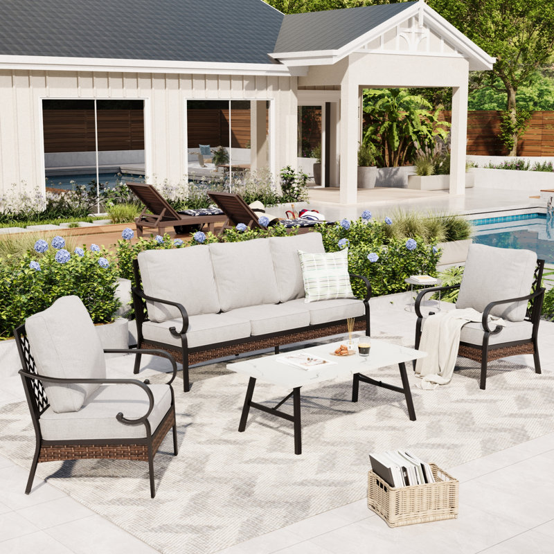 4 Piece Sofa Seating Group With Cushions, Light Gray