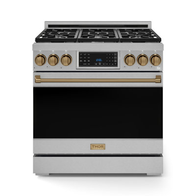Cuisinière professionnelle au propane liquide 36 pouces avec panneau inclinable Gordon Ramsay de THOR Kitchen en acier inoxydable / bronze