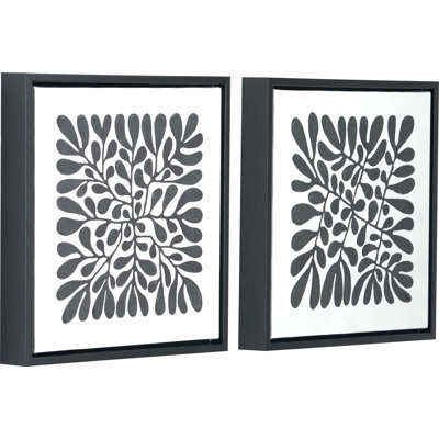 S/2 Black Leaf Print Square Canvases - 2 Piece Single Picture Frame Set on Canvas