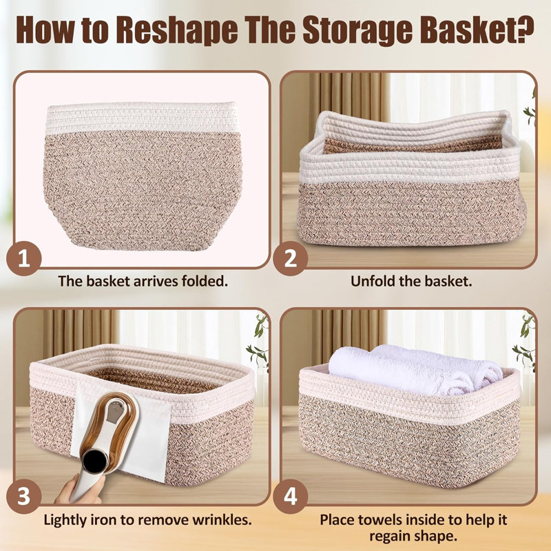 Paquet de 5 petits paniers de rangement en corde tissée (2 bacs de rangement pour placard, tablette, bibliothèque, chambre de bébé, table à langer, boîtes à cubes en tissu, bacs rectangulaires peu profonds pour la salle de bain, jouets)
