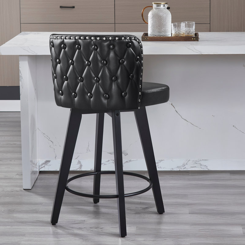 Swivel Bar Stool, 27.5" Pu Leather Seat With Tufted Back, Solid Wood Legs, Counter Height Bar Chairsswivel Bar Stool, 27.5" Pu Leather Seat With Tufted Back, Solid Wood Legs, Counter Height Bar Chairs