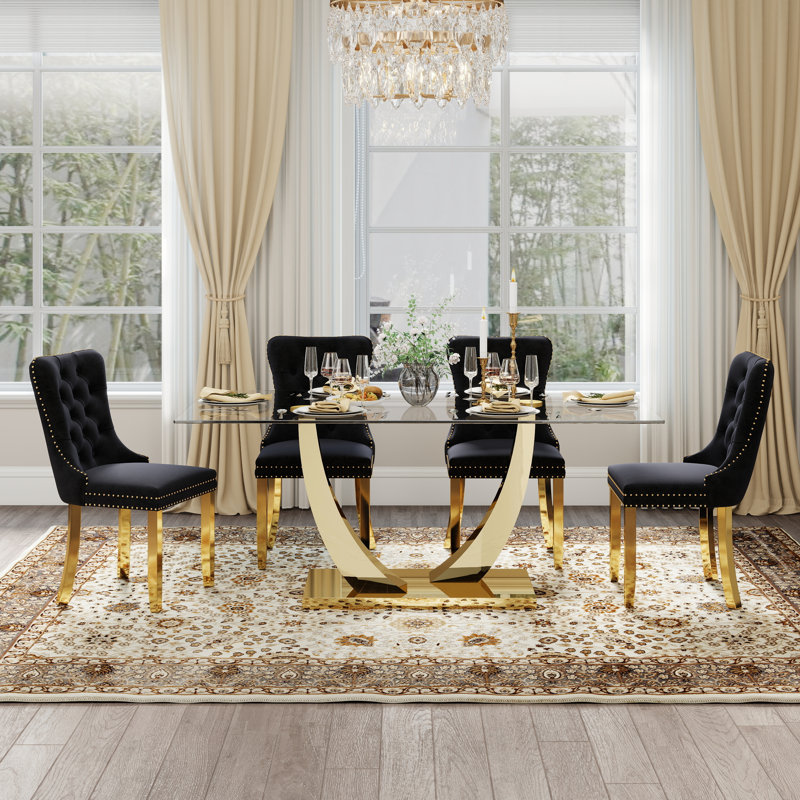 Kelisia 4 - Person Pedestal Dining Set, 30"H x 63"L x 35.4"W, Black, Gold