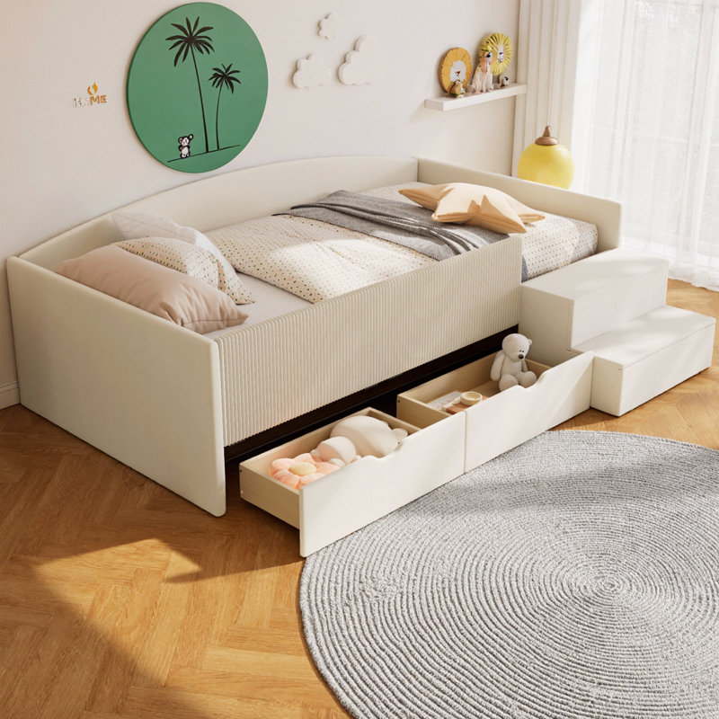 Lit de jour Sereno capitonné avec 2 tiroirs, lit plateforme bas en velours et velours côtelé, Twin, Beige