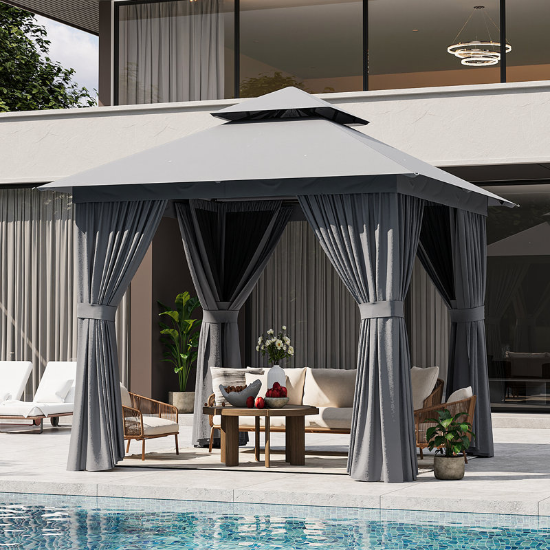 8 Ft. W X 8 Ft. D Outdoor Gazebo With Double Roof, Spacious Canopy With Netting & Curtains,  For Patio, Lawn & Backyard, Gray
