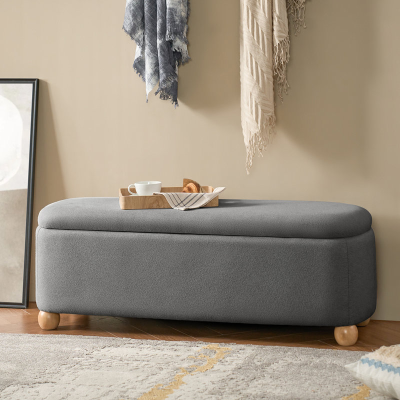 Darioush Polyester Storage Bench with Solid Wood Legs, Ivory