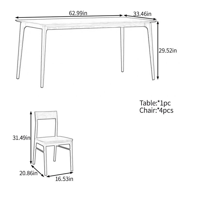 Modern simple solid wood table set, 29.52"H x 62.99"L x 33.46"W