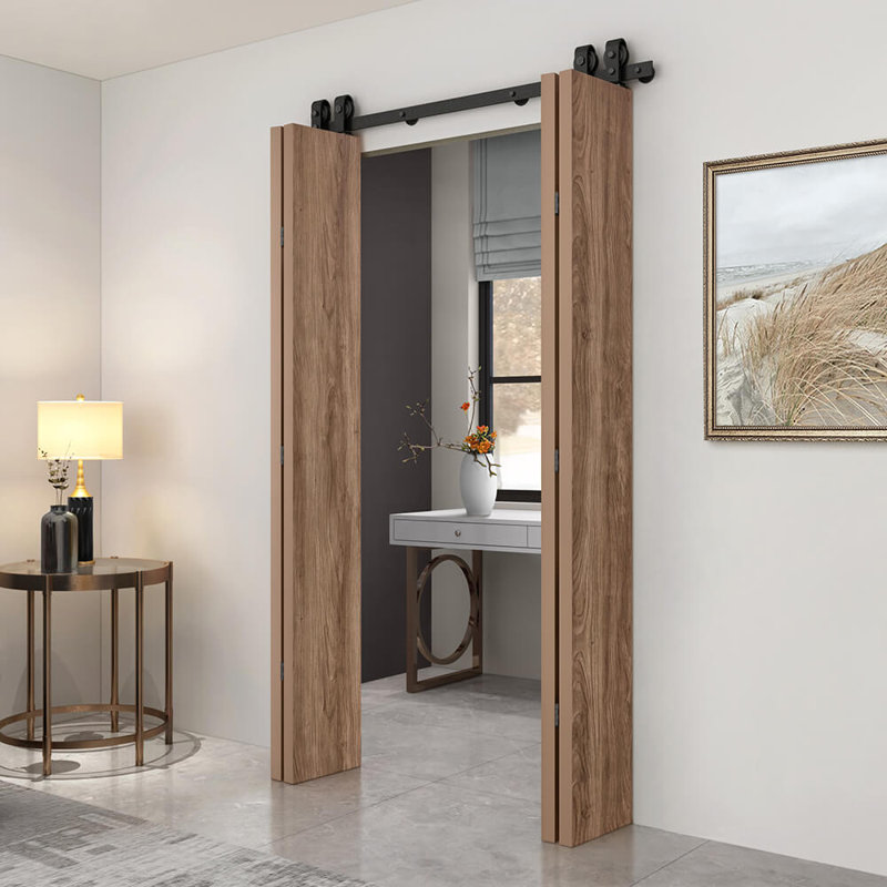 Hollow Core Walnut Composite Texture Double Bi-Fold Door with Sliding Barn Door Hardware Kit, 40'' x 82''