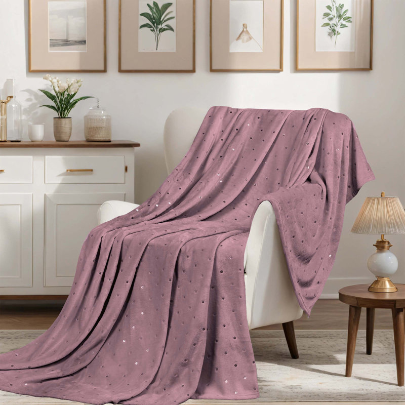 Couverture en molleton 100% polyester de qualité supérieure à pois métalliques, À pois / mauve, Jeté