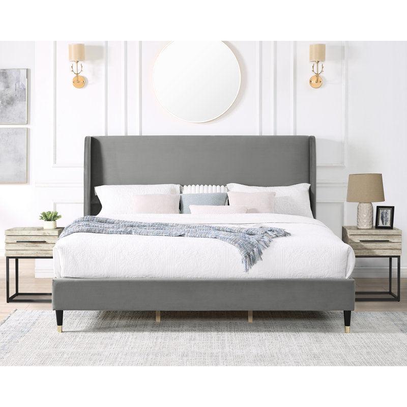 Très grand lit en velours gris - à oreilles pour un sommeil confortable et élégant, Très grand lit, Gris