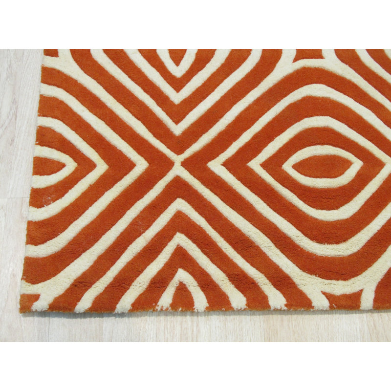 Ivory and Orange Geometric Hand-Tufted Wool Rug