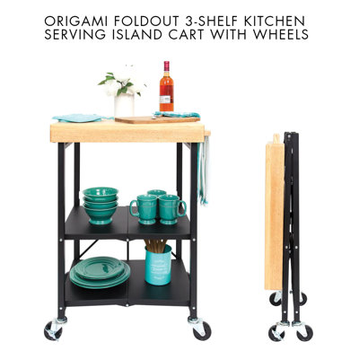 Bellavia Foldaway Rolling Kitchen Cart Solid Wood Top