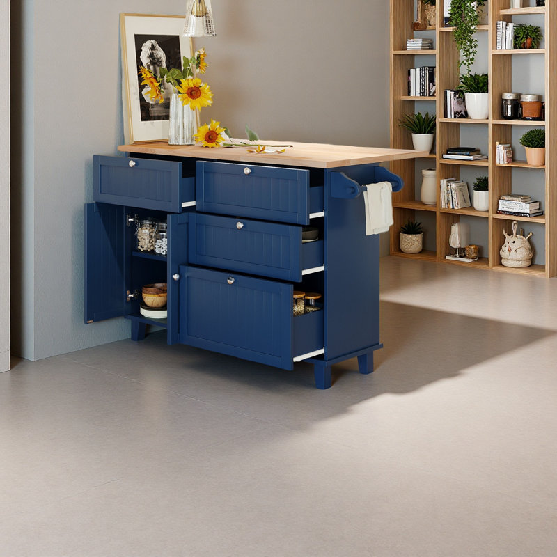 Armhouse Kitchen Island Set With Drop Leaf And 2 Seatings, Blue