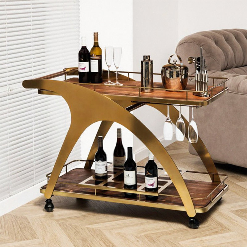 Chariot-bar à roulettes 39,37 po de luxe avec cadre en métal léger, chariot de service silencieux à deux niveaux, rangement incurvé et présentoir latéral