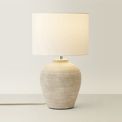 Takefumi Linen Drum Lamp Shade Stone Grey Ribbed Ceramic Small Table Lamp with Bulb