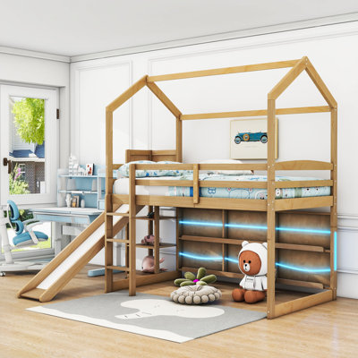 Amrika Playhouse Design Twin Loft Bed With Storage Shelves, Slide, Lights by Harper Orchard