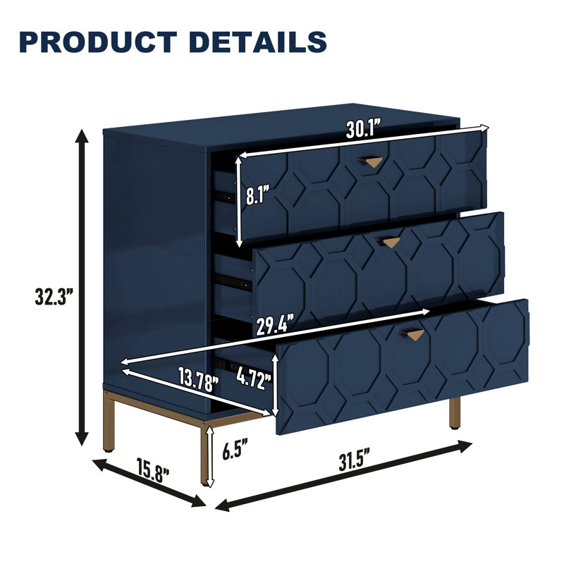 Commode 3 tiroirs pour chambre à coucher Bailes Accent, Bleu