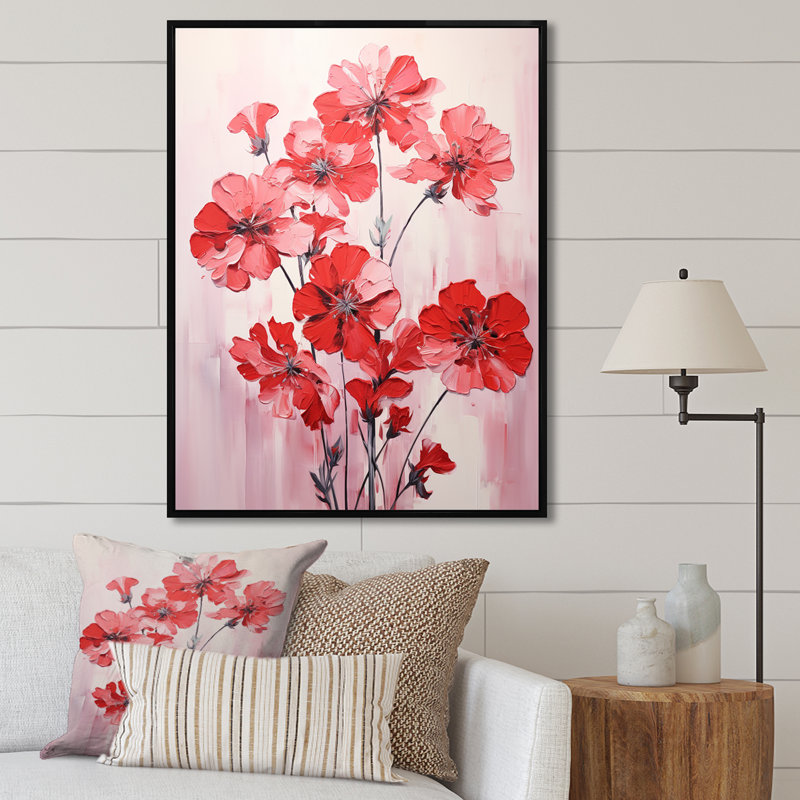 Minimalisme blanc et géraniums rouges sur toile, H 40 po x l 30 po x P 1,5 po, Cadre flottant noir
