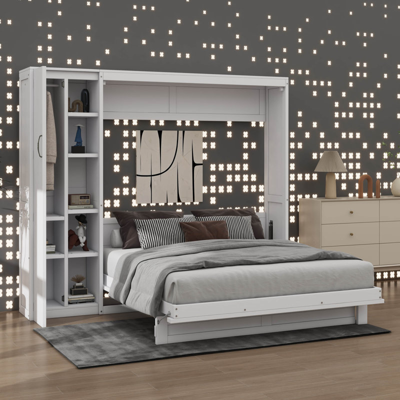 Queen-Size Murphy Wall Bed Highlighting Functional Shelves, Closet & Subtle LED Lighting, White, Queen