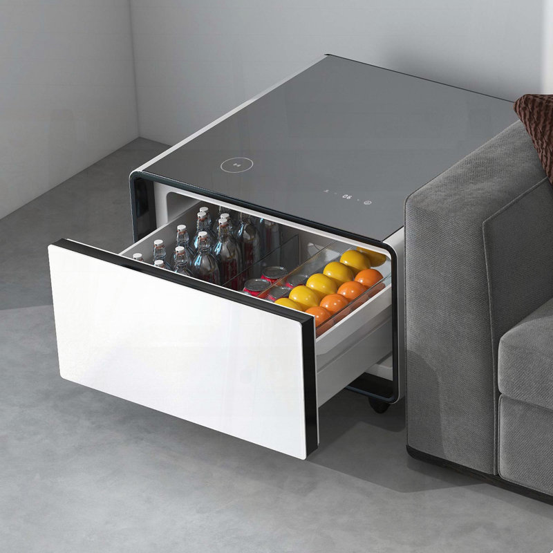 Table d'appoint intelligente avec réfrigérateur intégré, chargement sans fil et ports USB - blanc
