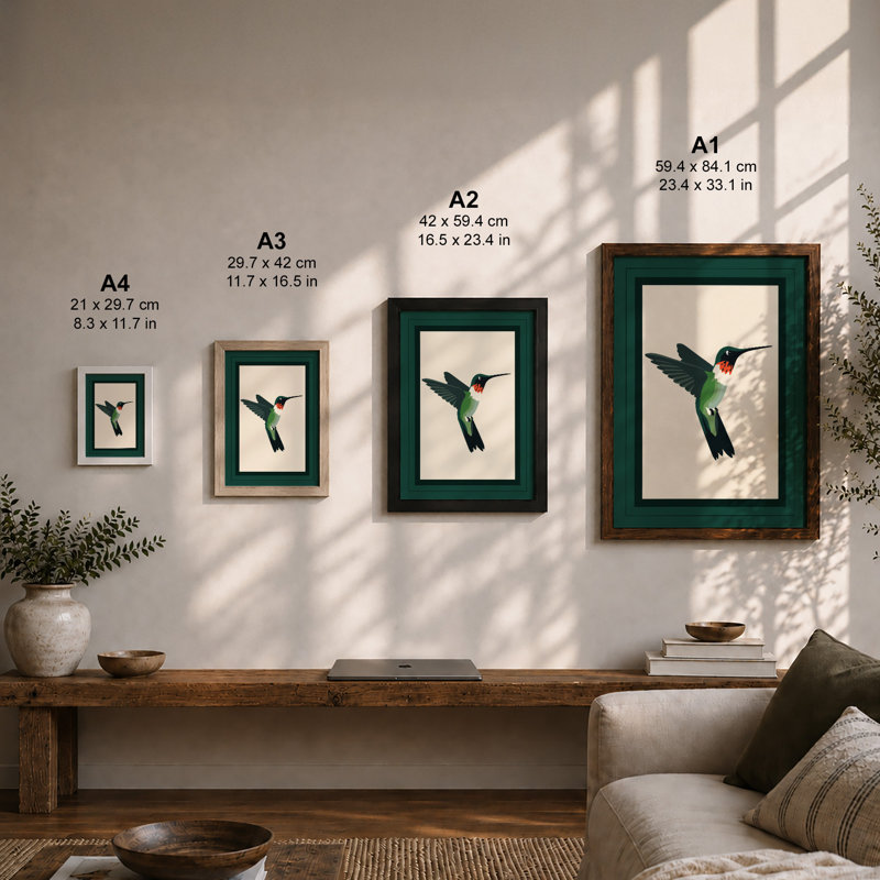 Hummingbird in Flight Modern - Framed Print, A2 - 59.4 x 42.0 cm, Walnut