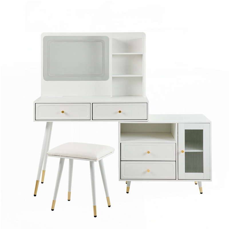 Meuble-lavabo moderne avec miroir et lumières, coiffeuse rétractable avec tiroirs et armoire, Blanc